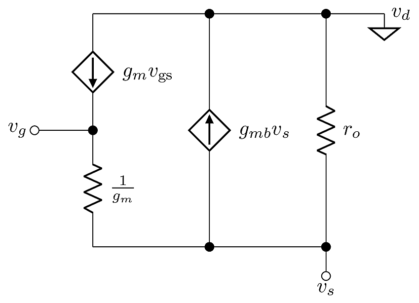 Common-drain small-signal configuration.