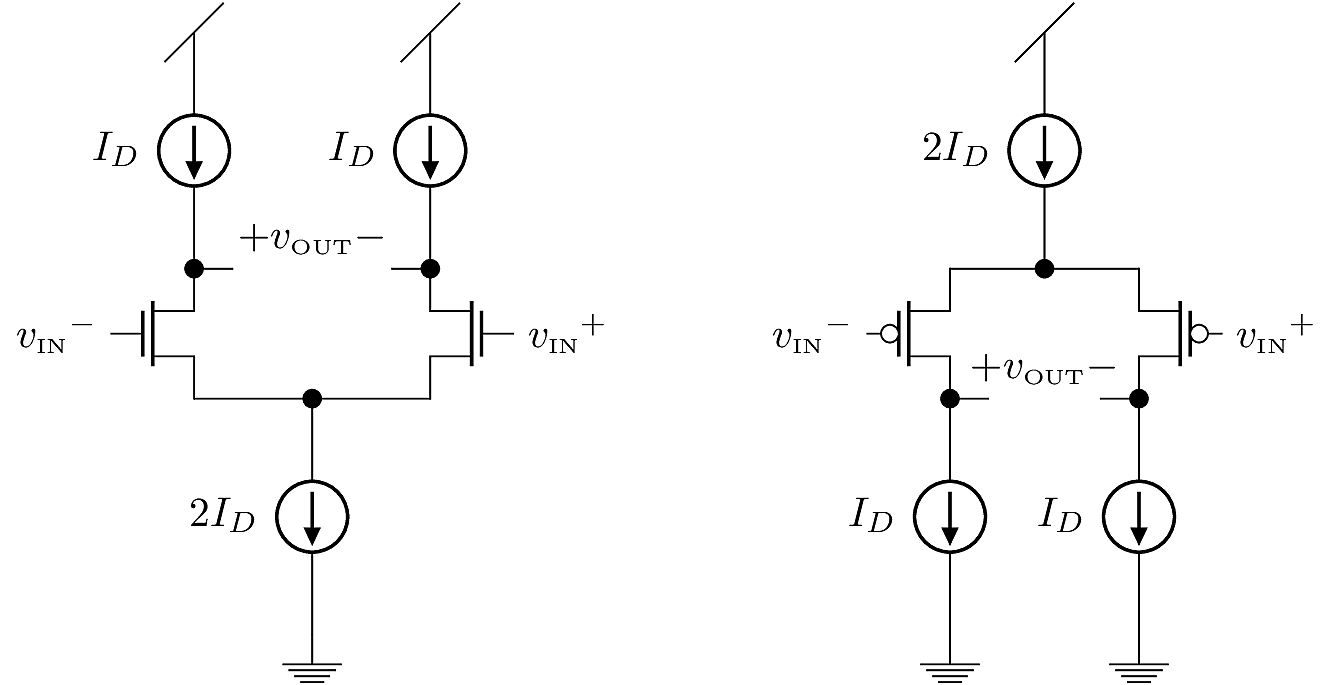 NMOS and PMOS differential pair circuits